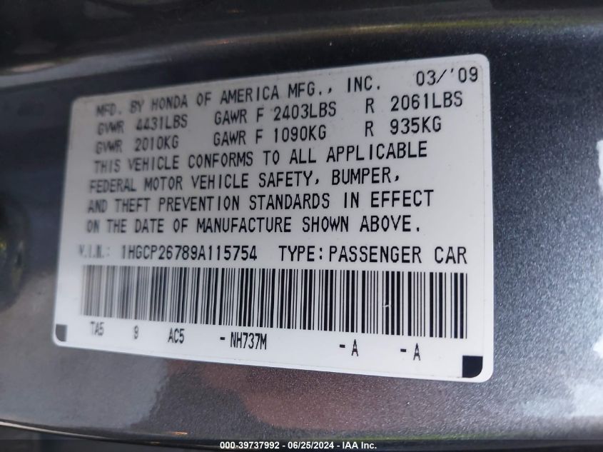 2009 Honda Accord 2.4 Ex VIN: 1HGCP26789A115754 Lot: 39737992