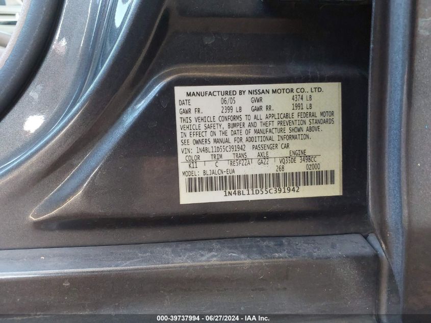 2005 Nissan Altima 3.5 Se VIN: 1N4BL11D55C391942 Lot: 39737994