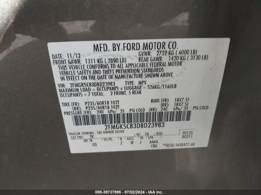 2013 Ford Flex Sel VIN: 2FMGK5C83DBD23983 Lot: 39737995