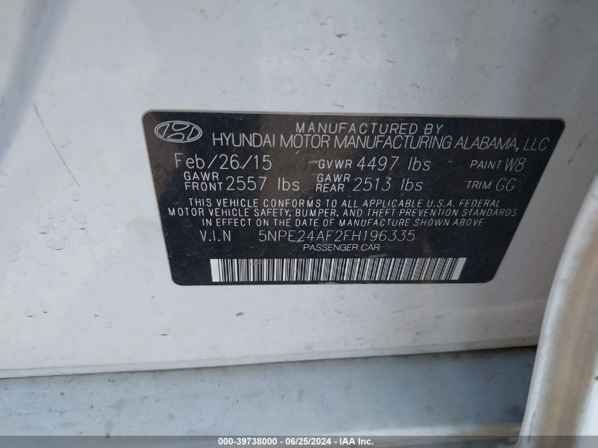 2015 Hyundai Sonata Se VIN: 5NPE24AF2FH196335 Lot: 39738000