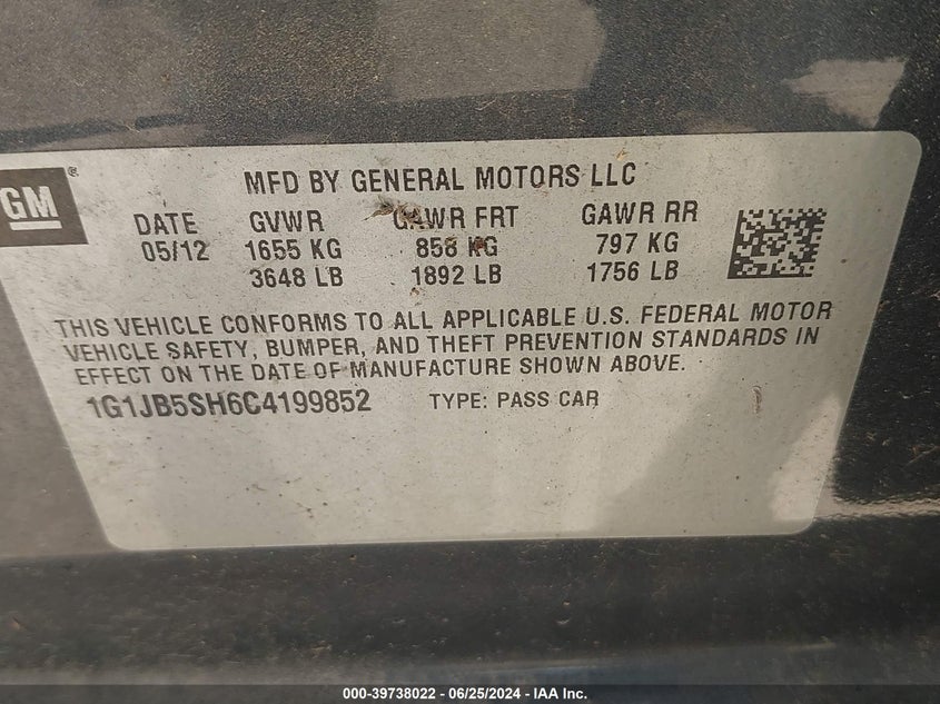 2012 Chevrolet Sonic 1Ls VIN: 1G1JB5SH6C4199852 Lot: 39738022