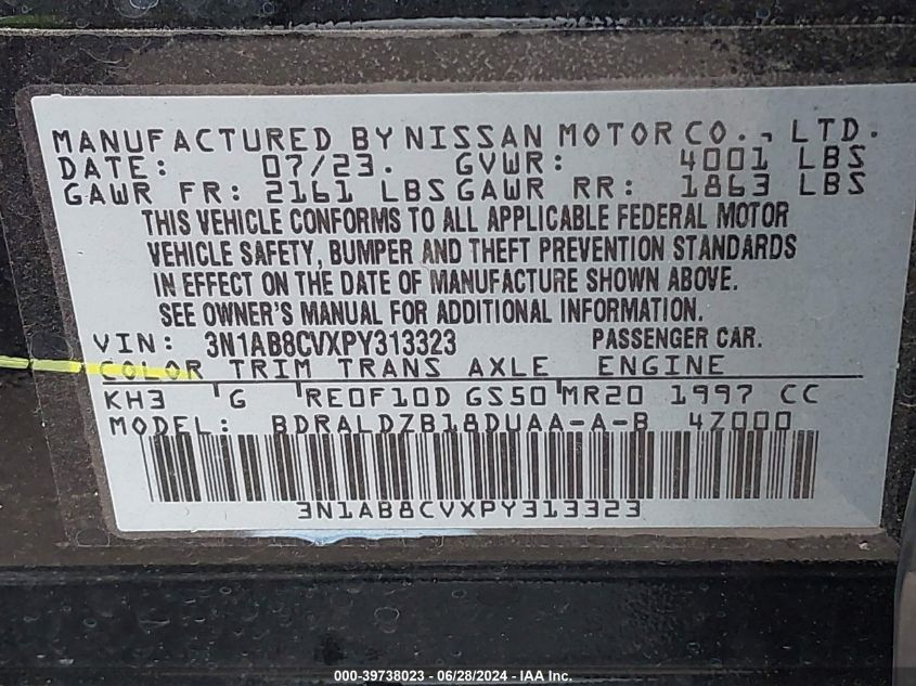 2023 Nissan Sentra Sv Xtronic Cvt VIN: 3N1AB8CVXPY313323 Lot: 39738023