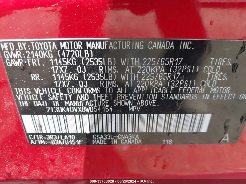 2011 Toyota Rav4 Limited V6 VIN: 2T3DK4DVXBW054154 Lot: 39738028