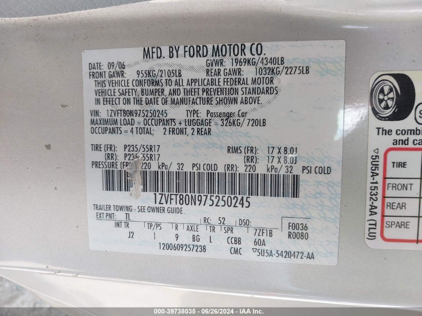 2007 Ford Mustang VIN: 1ZVFT80N975250245 Lot: 39738035
