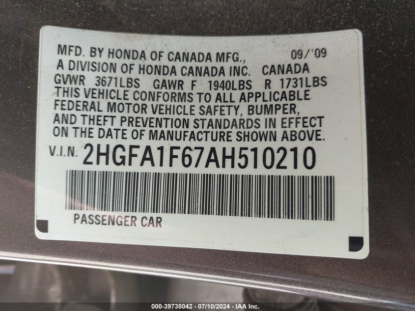 2010 Honda Civic Sdn Lx-S VIN: 2HGFA1F67AH510210 Lot: 39738042