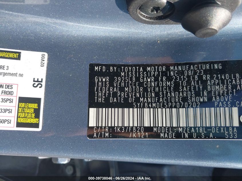 5YFB4MDE5PP070202 2023 Toyota Corolla Le