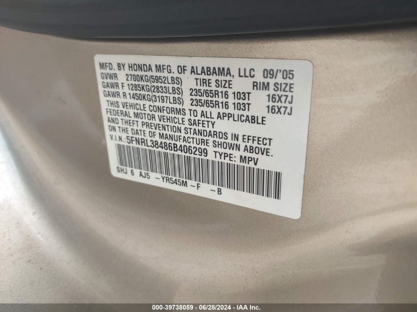 2006 Honda Odyssey Ex VIN: 5FNRL38486B406299 Lot: 39738059