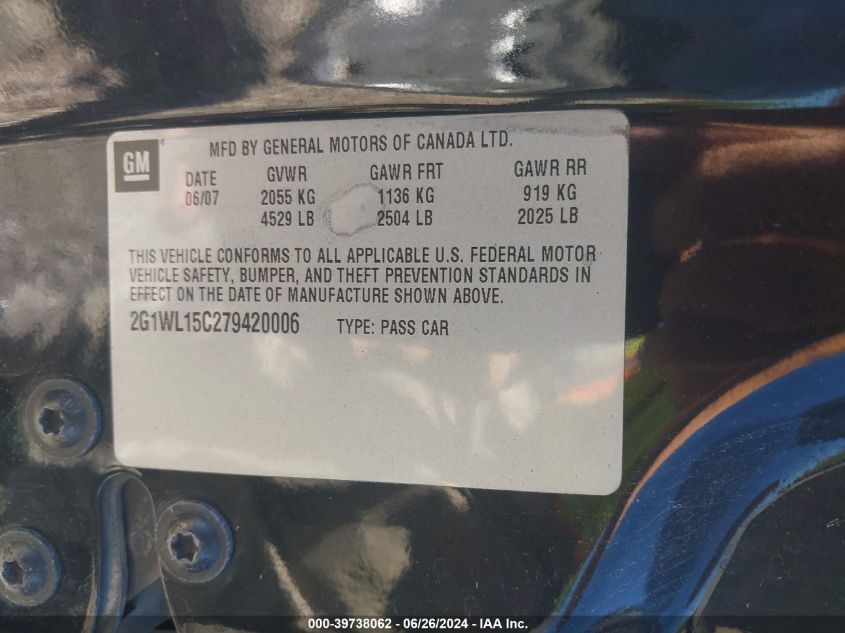 2007 Chevrolet Monte Carlo Ss VIN: 2G1WL15C279420006 Lot: 39738062
