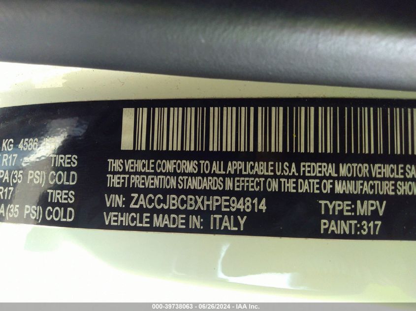 2017 Jeep Renegade Trailhawk VIN: ZACCJBCBXHPE94814 Lot: 39738063