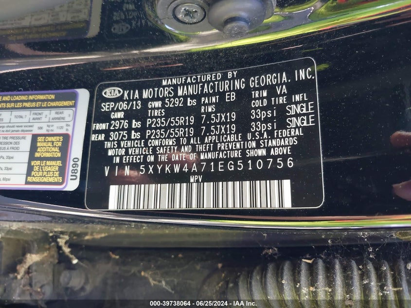 2014 Kia Sorento Limited V6 VIN: 5XYKW4A71EG510756 Lot: 39738064