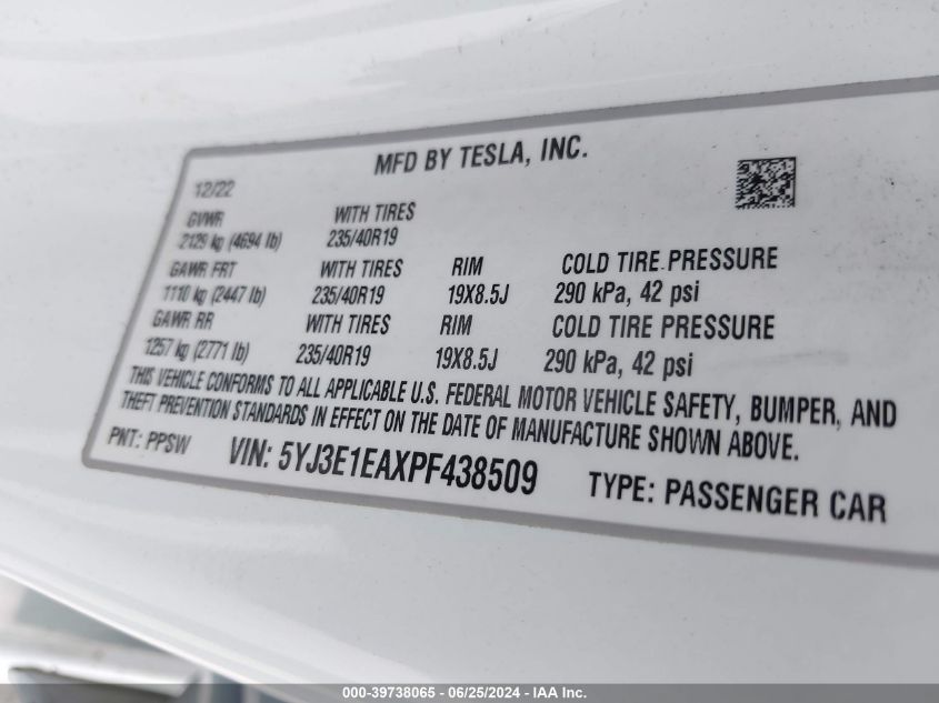 2023 Tesla Model 3 Rear-Wheel Drive VIN: 5YJ3E1EAXPF438509 Lot: 39738065