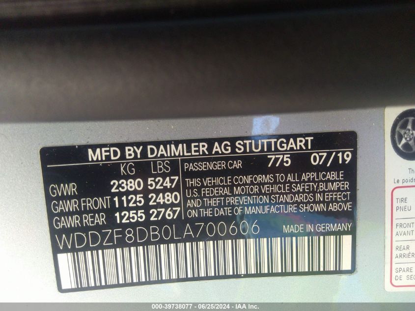 2020 Mercedes-Benz E 350 VIN: WDDZF8DB0LA700606 Lot: 39738077