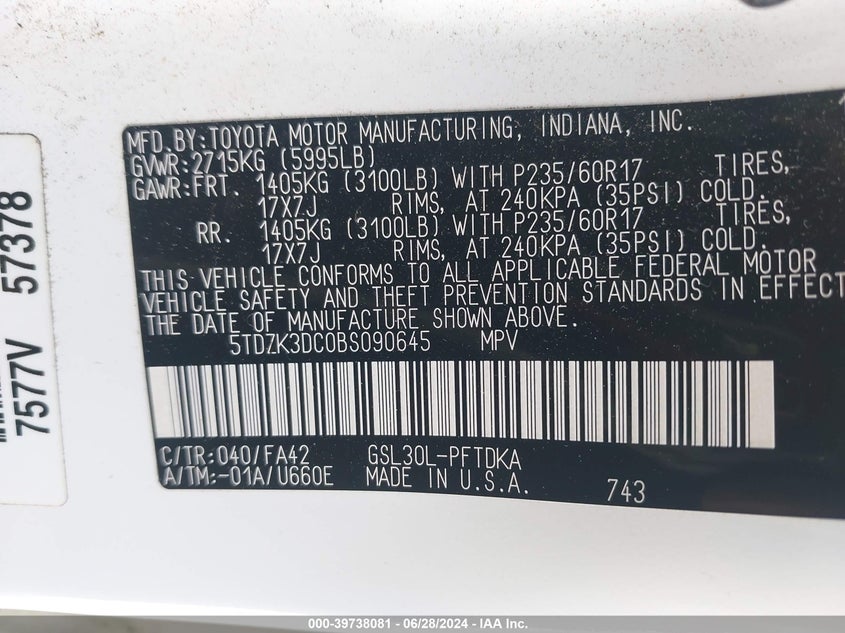 2011 Toyota Sienna Base V6 VIN: 5TDZK3DC0BS090645 Lot: 39738081