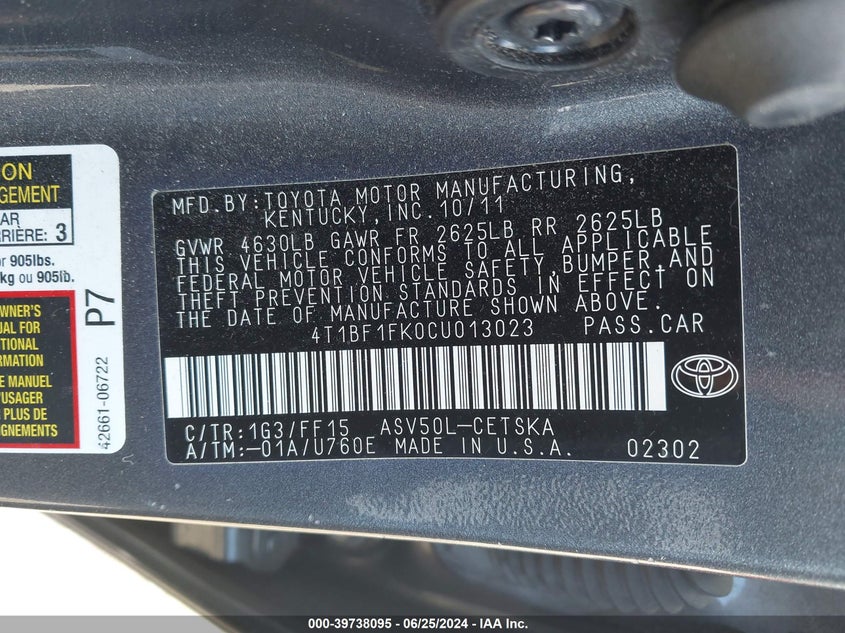 2012 Toyota Camry Se/Le/Xle VIN: 4T1BF1FK0CU013023 Lot: 39738095