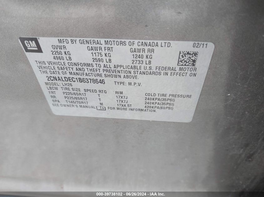 2011 Chevrolet Equinox 1Lt VIN: 2CNALDEC1B6378646 Lot: 39738102