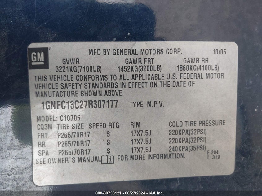 2007 Chevrolet Tahoe C1500 VIN: 1GNFC13C27R307177 Lot: 39738121
