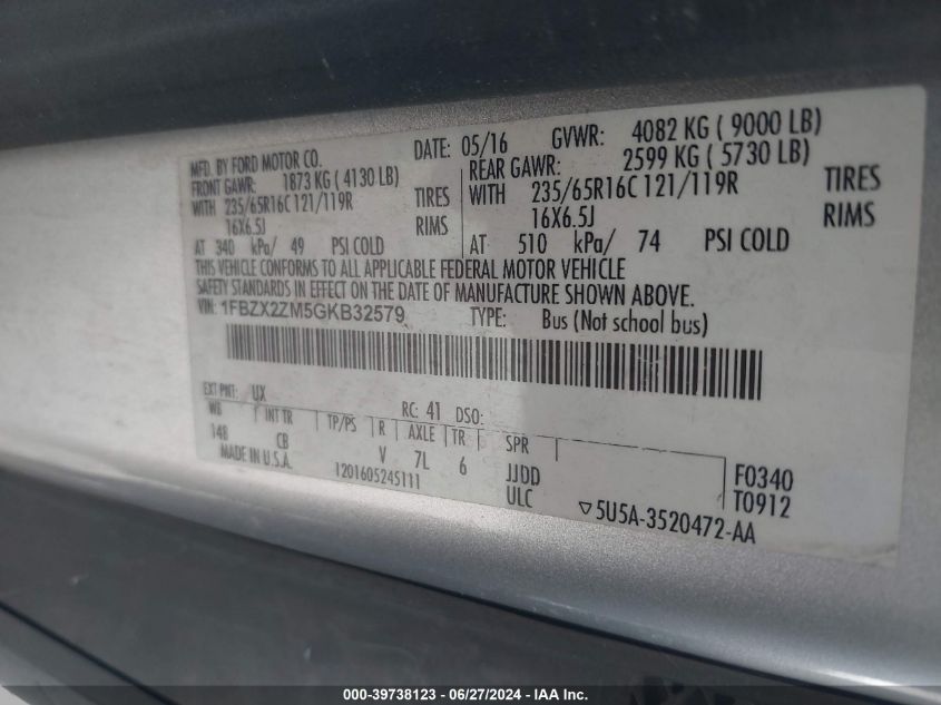 2016 Ford Transit-350 Xlt VIN: 1FBZX2ZM5GKB32579 Lot: 39738123
