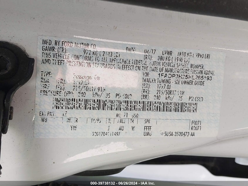 VIN 1FADP3H25HL265193 2017 FORD FOCUS SEL