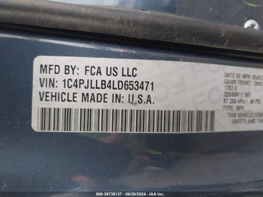 2020 Jeep Cherokee Latitude Plus Fwd VIN: 1C4PJLLB4LD653471 Lot: 39738137