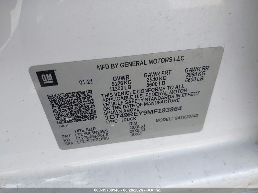2021 GMC Sierra 2500Hd 4Wd Standard Bed Denali VIN: 1GT49REY9MF183864 Lot: 39738146