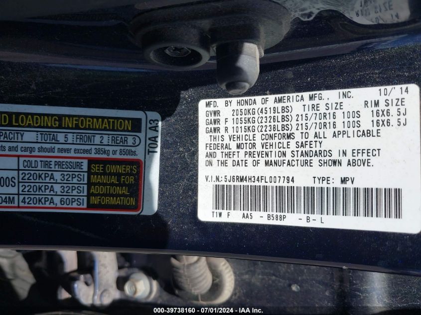 2015 Honda Cr-V Lx VIN: 5J6RM4H34FL007794 Lot: 39738160