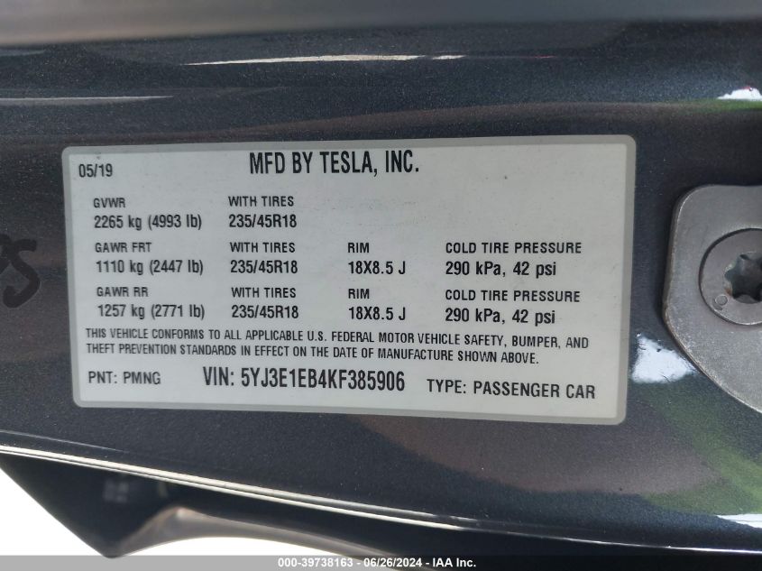 2019 TESLA MODEL 3 LONG RANGE/PERFORMANCE - 5YJ3E1EB4KF385906