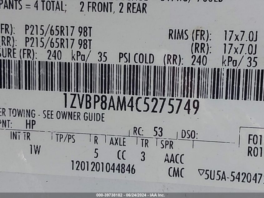 2012 Ford Mustang V6 VIN: 1ZVBP8AM4C5275749 Lot: 39738182