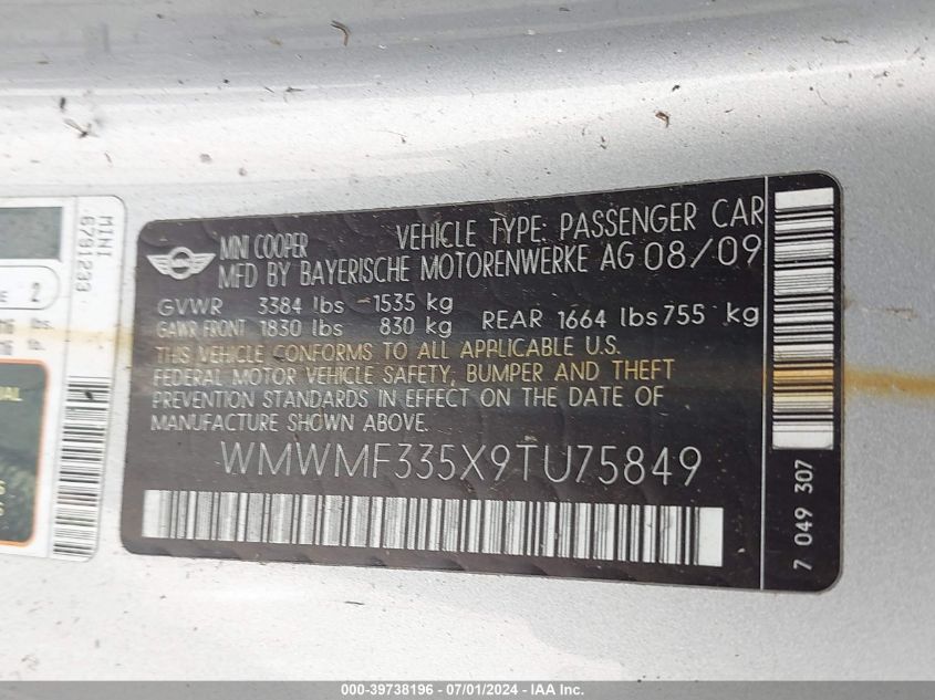 2009 Mini Cooper VIN: WMWMF335X9TU75849 Lot: 39738196