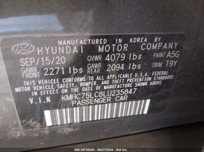 2020 Hyundai Ioniq Hybrid Se VIN: KMHC75LC8LU235847 Lot: 39738200