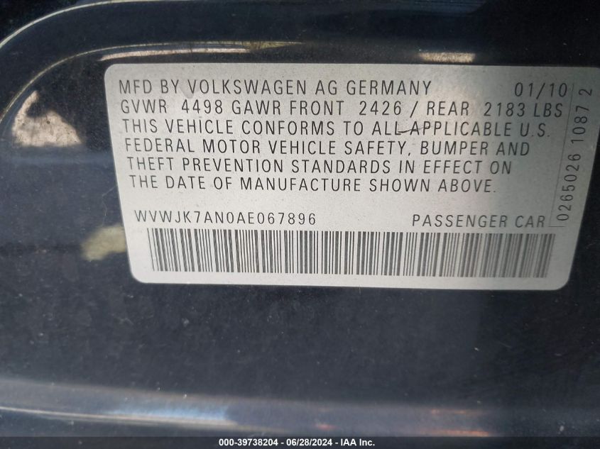 2010 Volkswagen Passat Komfort VIN: WVWJK7AN0AE067896 Lot: 39738204