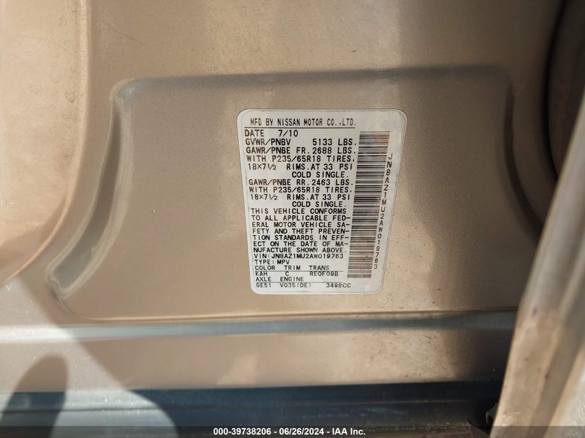 2010 Nissan Murano S/Sl/Le VIN: JN8AZ1MU2AW019763 Lot: 39738206