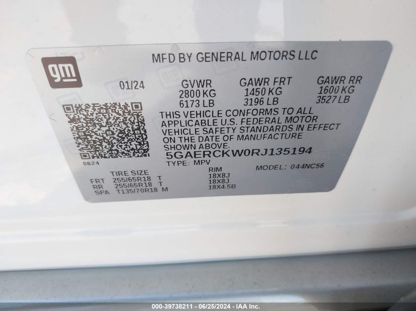 2024 Buick Enclave Premium Fwd VIN: 5GAERCKW0RJ135194 Lot: 39738211