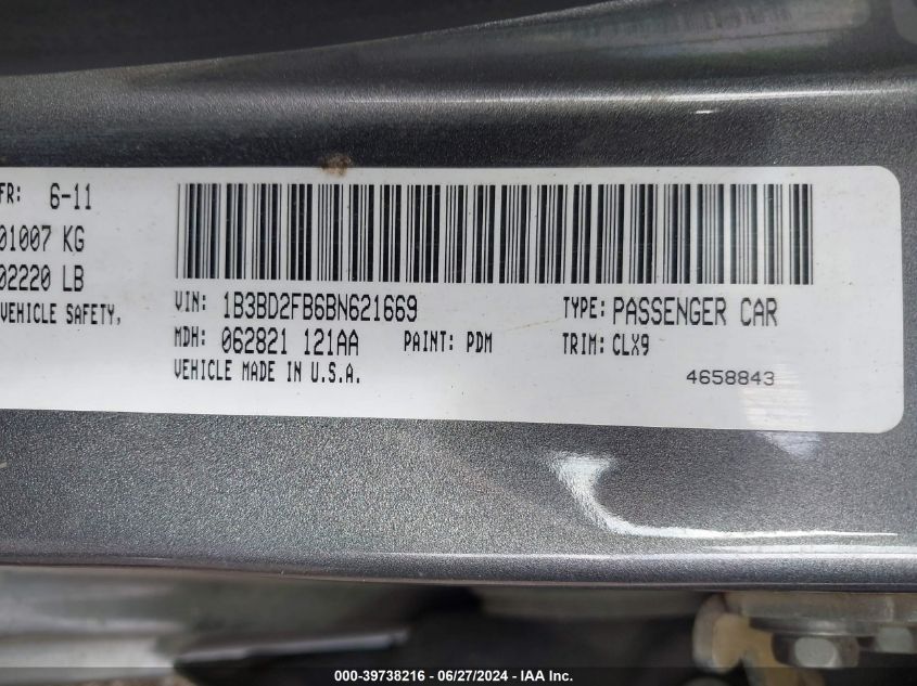 2011 Dodge Avenger Lux VIN: 1B3BD2FB6BN621669 Lot: 39738216