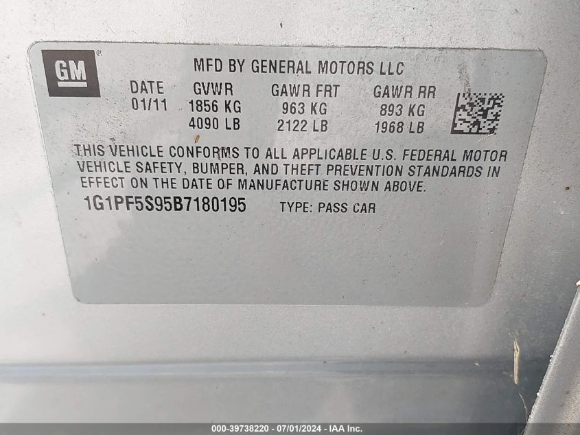 2011 Chevrolet Cruze 1Lt VIN: 1G1PF5S95B7180195 Lot: 39738220