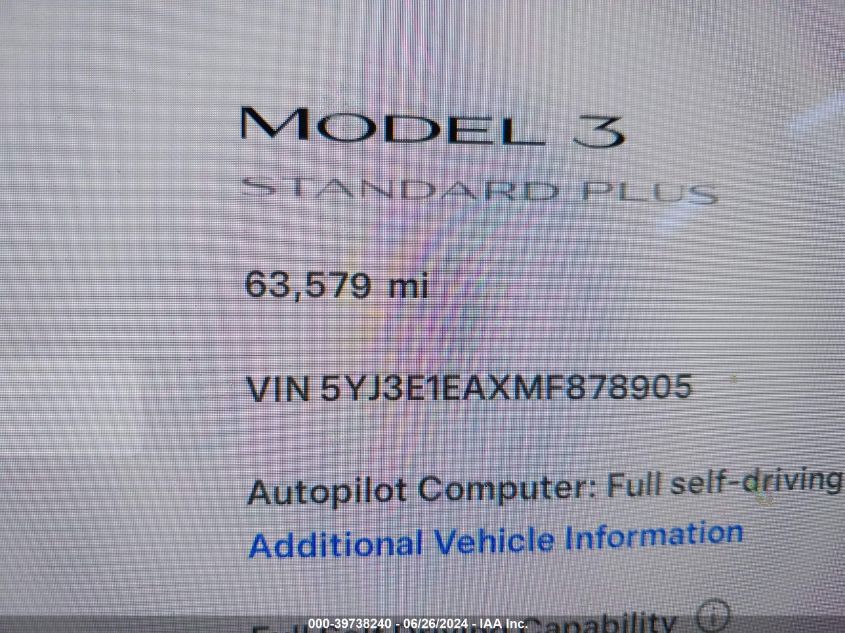 2021 Tesla Model 3 VIN: 5YJ3E1EAXMF878905 Lot: 39738240