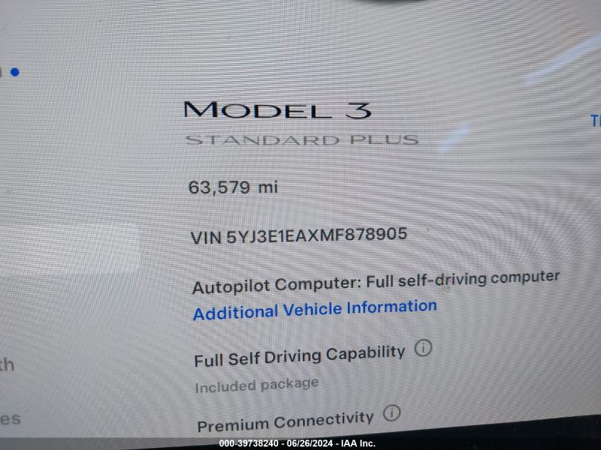 2021 Tesla Model 3 VIN: 5YJ3E1EAXMF878905 Lot: 39738240