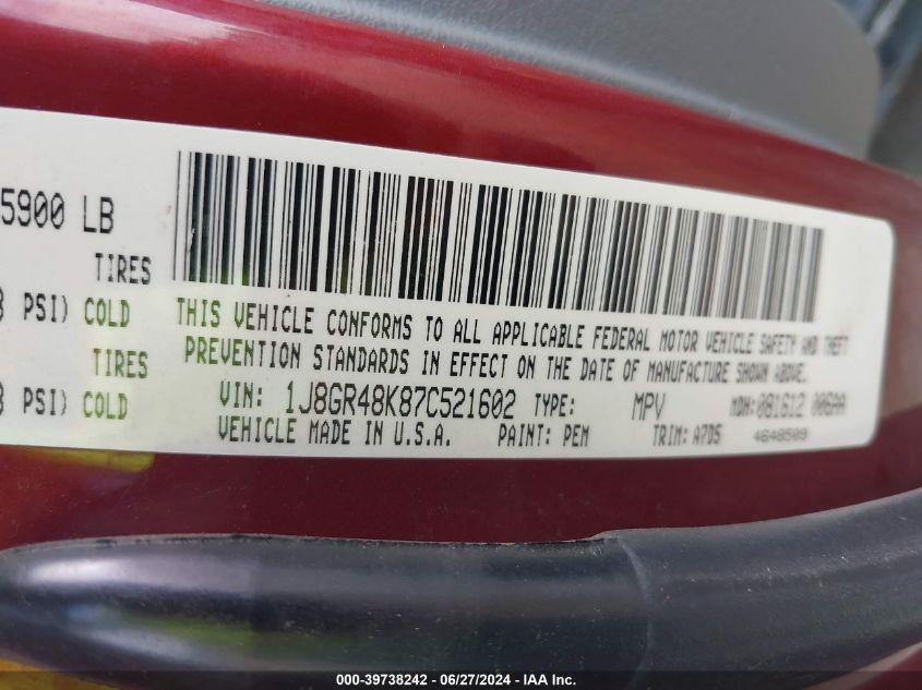 2007 Jeep Grand Cherokee Laredo/Columbia/Freedom VIN: 1J8GR48K87C521602 Lot: 39738242