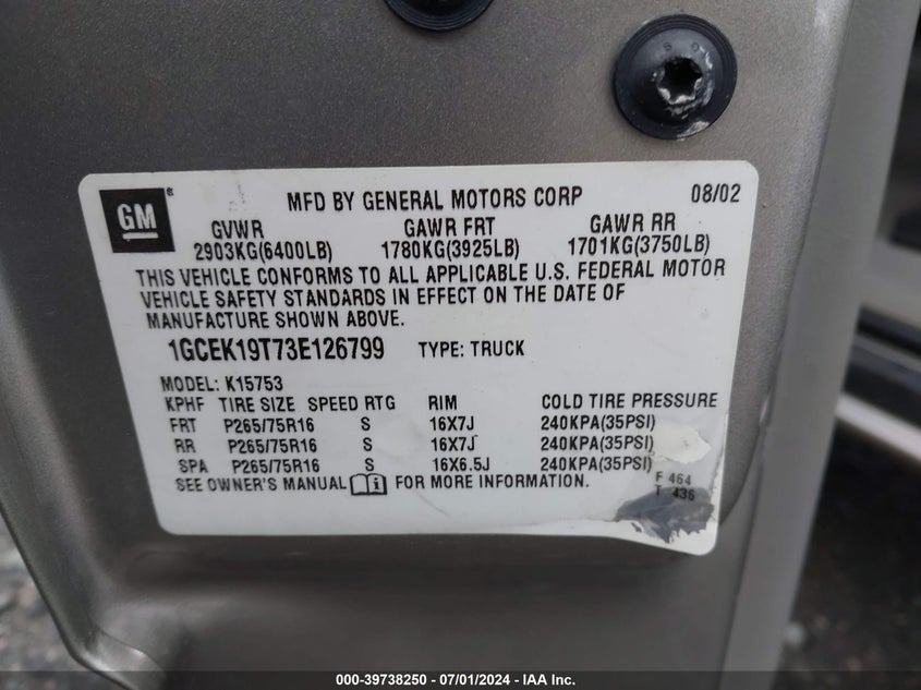 2003 Chevrolet Silverado 1500 Ls VIN: 1GCEK19T73E126799 Lot: 39738250
