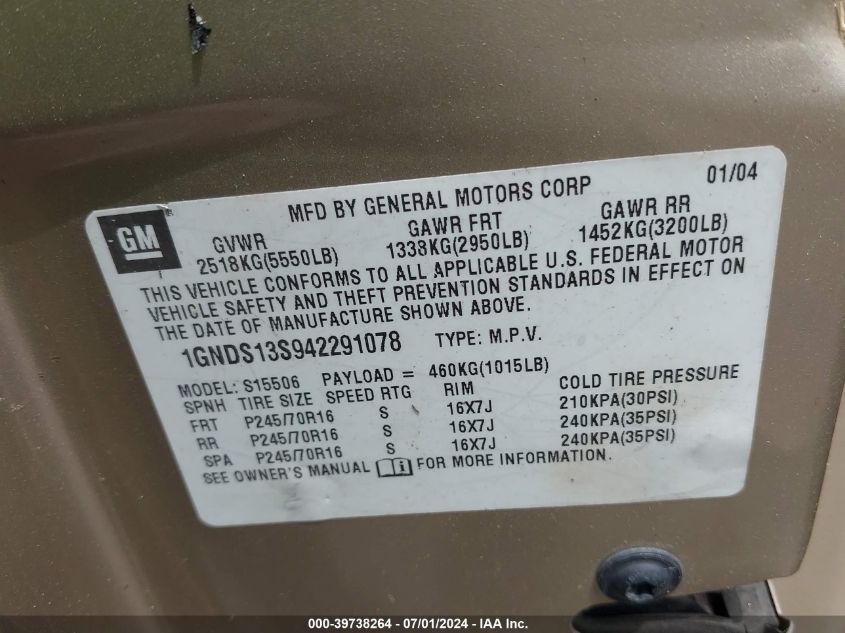 2004 Chevrolet Trailblazer Lt VIN: 1GNDS13S942291078 Lot: 39738264