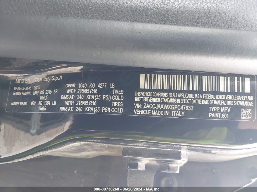 2016 Jeep Renegade Sport VIN: ZACCJAAWXGPC47632 Lot: 39738268