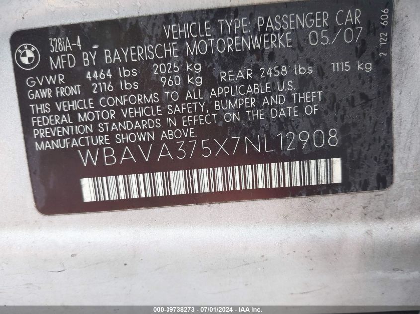2007 BMW 328I VIN: WBAVA375X7NL12908 Lot: 39738273