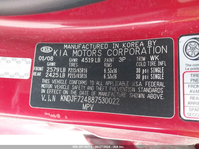2008 Kia Sportage Lx VIN: KNDJF724887530022 Lot: 39738275