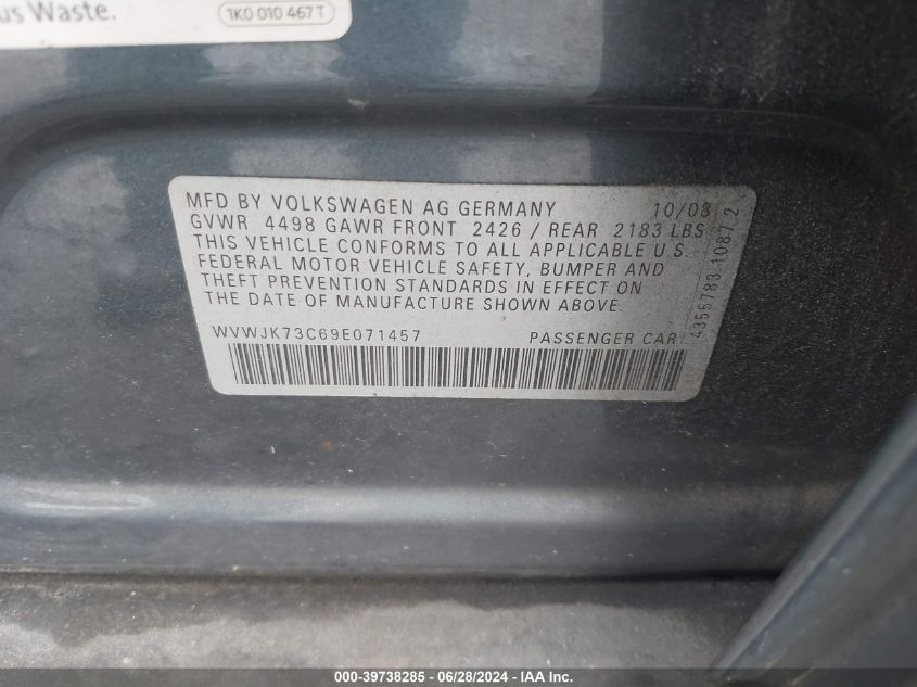 2009 Volkswagen Passat Komfort VIN: WVWJK73C69E071457 Lot: 39738285