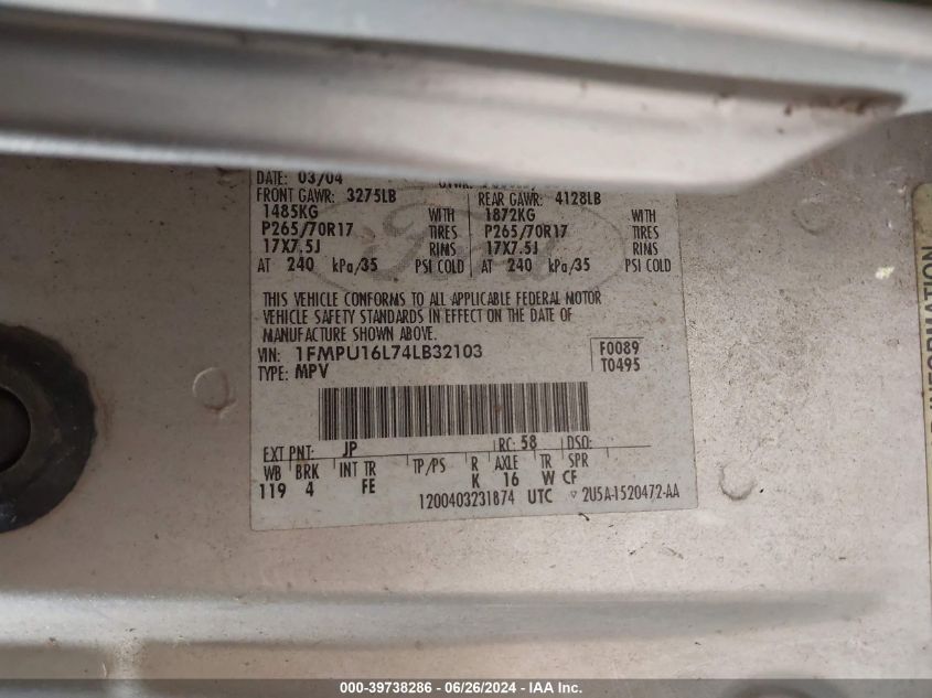 2004 Ford Expedition Xlt VIN: 1FMPU16L74LB32103 Lot: 39738286