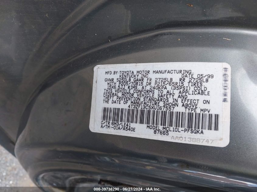 1999 Toyota Sienna Xle VIN: 4T3ZF13C5XU167557 Lot: 39738290