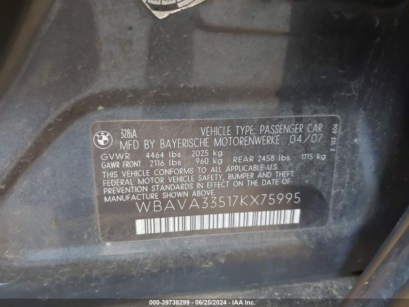 2007 BMW 328 I VIN: WBAVA33517KX75995 Lot: 39738299