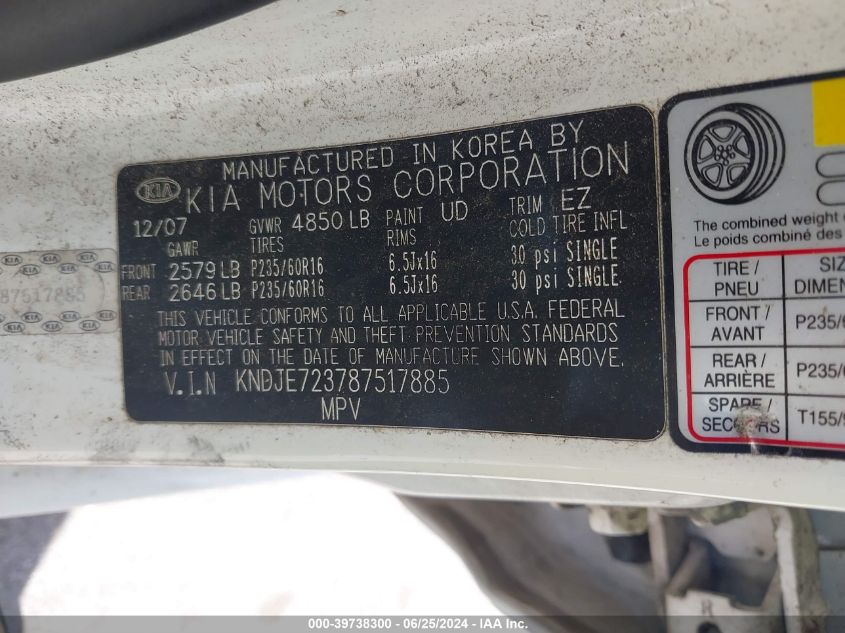 2008 Kia Sportage Lx V6 VIN: KNDJE723787517885 Lot: 39738300