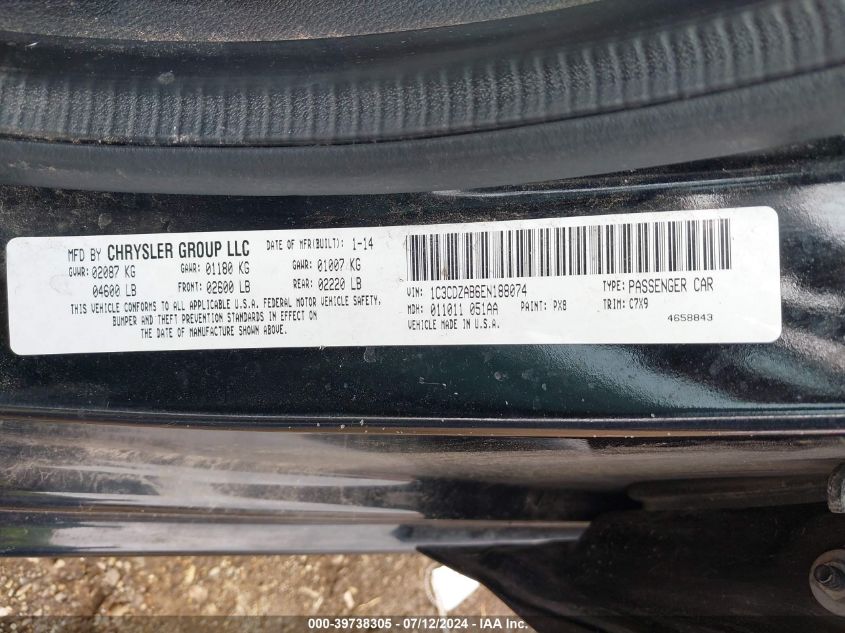 2014 Dodge Avenger Se VIN: 1C3CDZAB6EN188074 Lot: 39738305