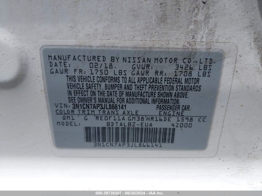 2018 Nissan Versa 1.6 Sv VIN: 3N1CN7AP3JL866141 Lot: 39738307