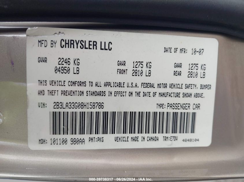 2008 Dodge Charger Sxt VIN: 2B3LA33G08H158786 Lot: 39738317